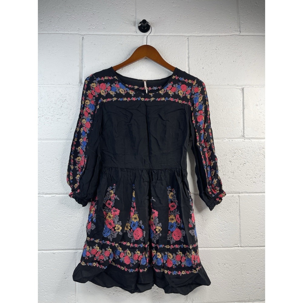 Free People Age Of Aquarius Boho Black Floral Embroidered Mini Dress Size 4